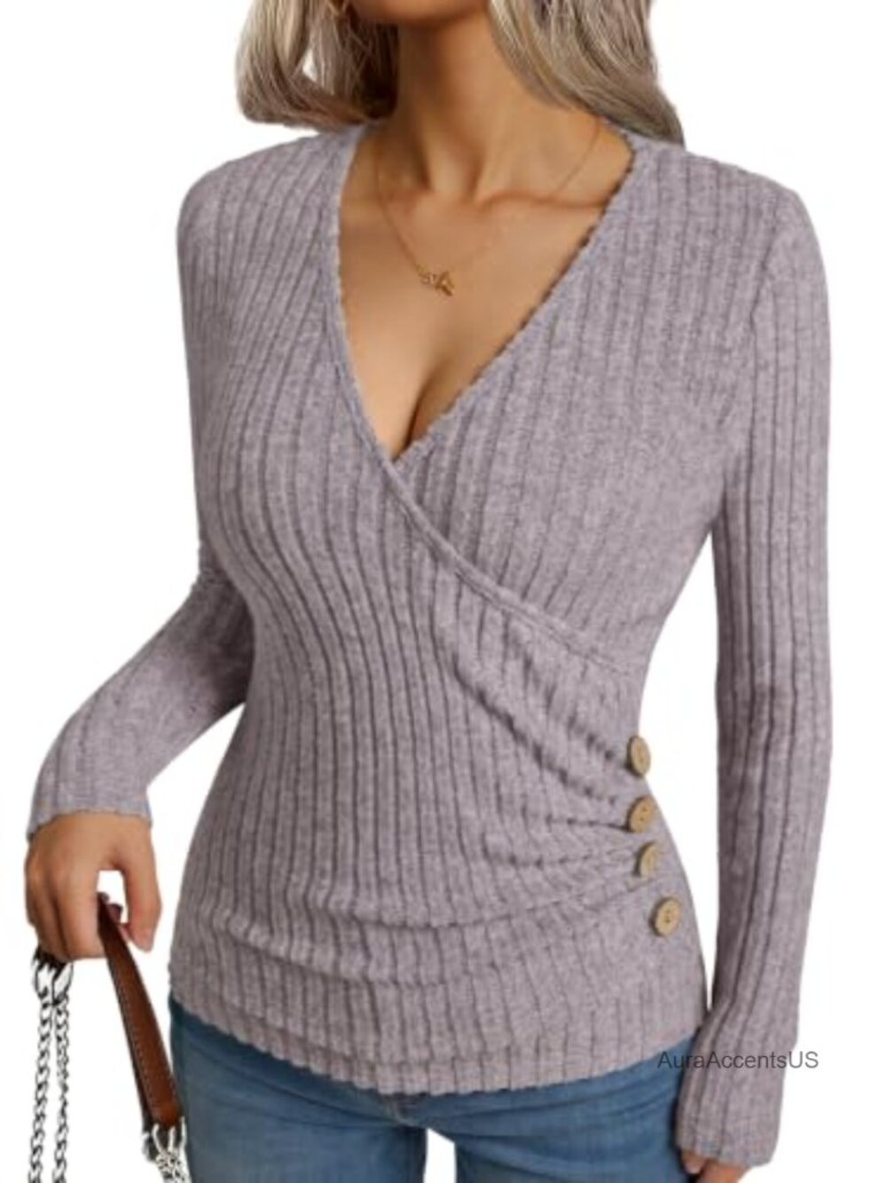 Women's Long Sleeve V-Neck Wrap Sweater - Slim Fit Ribbed Knit Casual Top
